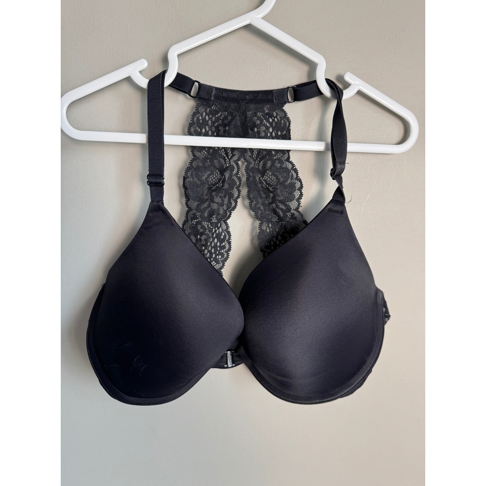 La Senza Obsession Plunge Front Close Lace Racerback Bra‎ Blk 32DD Goth Coquette